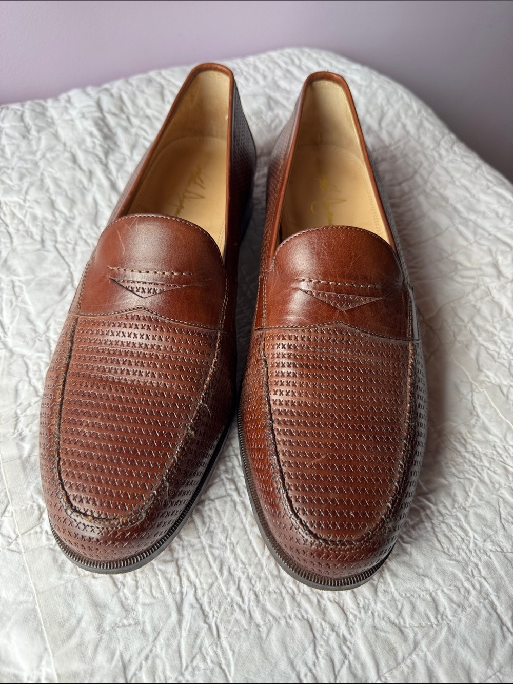 Martin Dingman Chestnut Brown Textured Penny Loafers